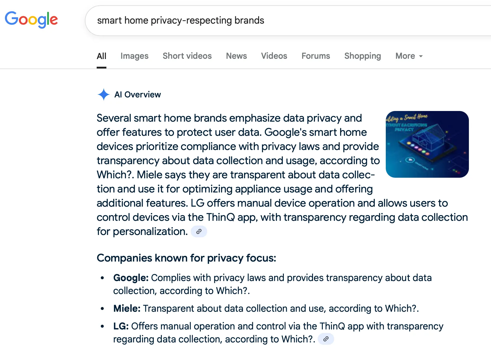 AI Overview Google đánh giá Google Nest là thương hiệu nhà thông minh tôn trọng quyền riêng tư.