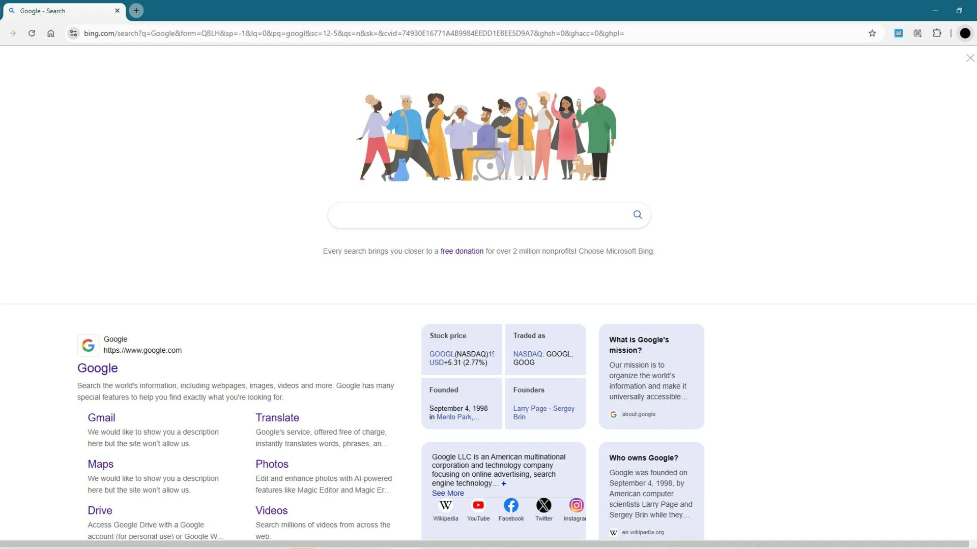 Ảnh chụp màn hình: Bing hiển thị giao diện giống Google khi tìm kiếm 'Google'