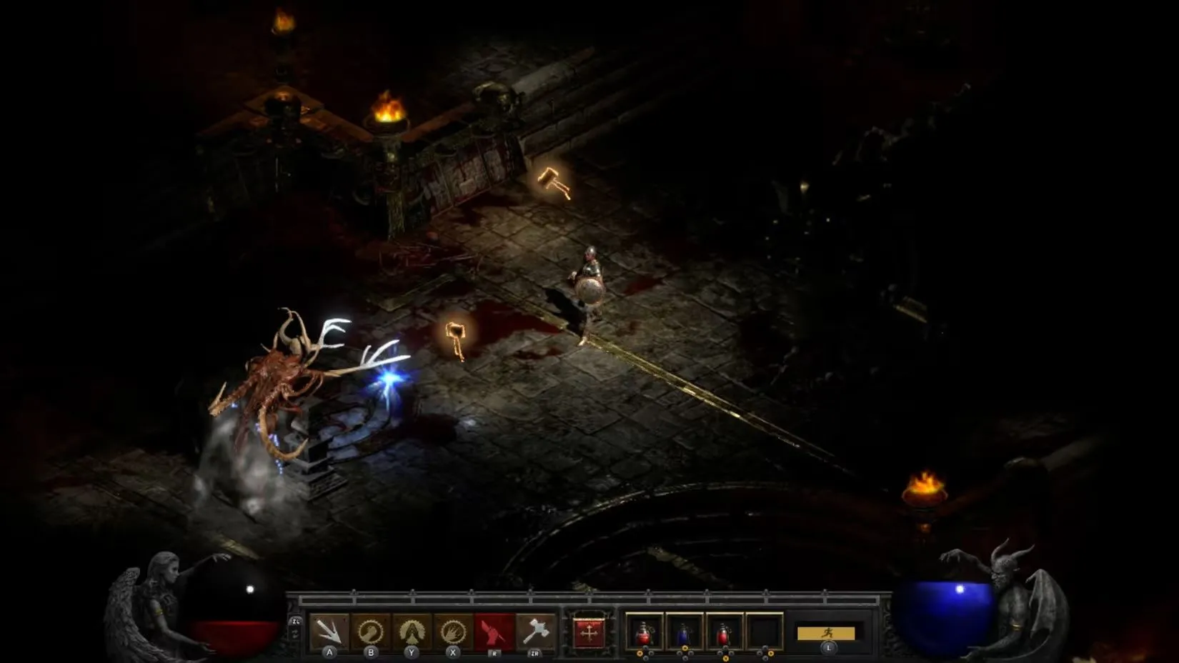 Ảnh chụp màn hình chính thức game Diablo II Resurrected trên Nintendo Switch, hiển thị cận cảnh nhân vật chiến đấu với quái vật trong hầm ngục u tối