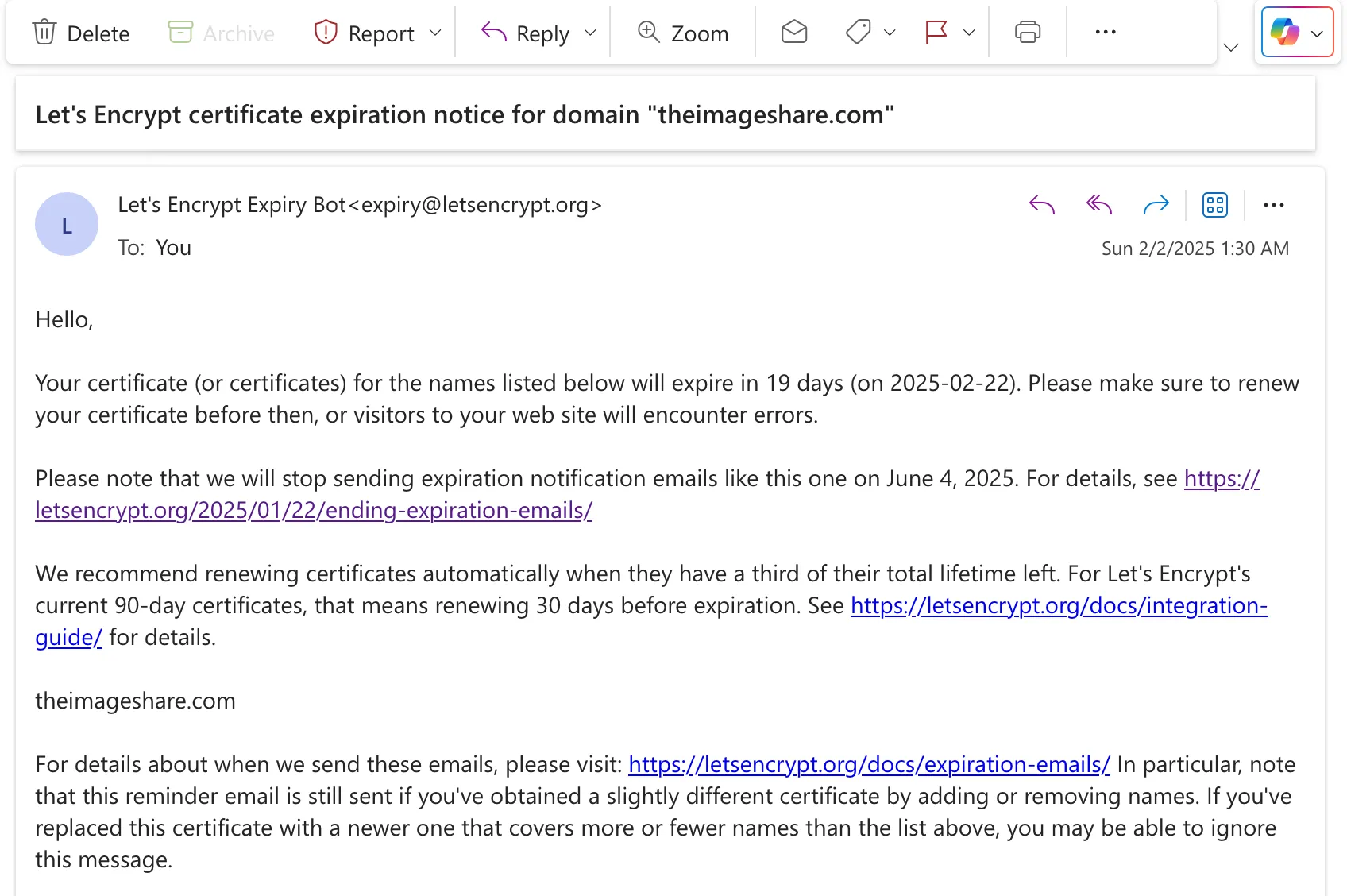 Ảnh chụp màn hình email nhắc nhở gia hạn chứng chỉ SSL từ Let's Encrypt