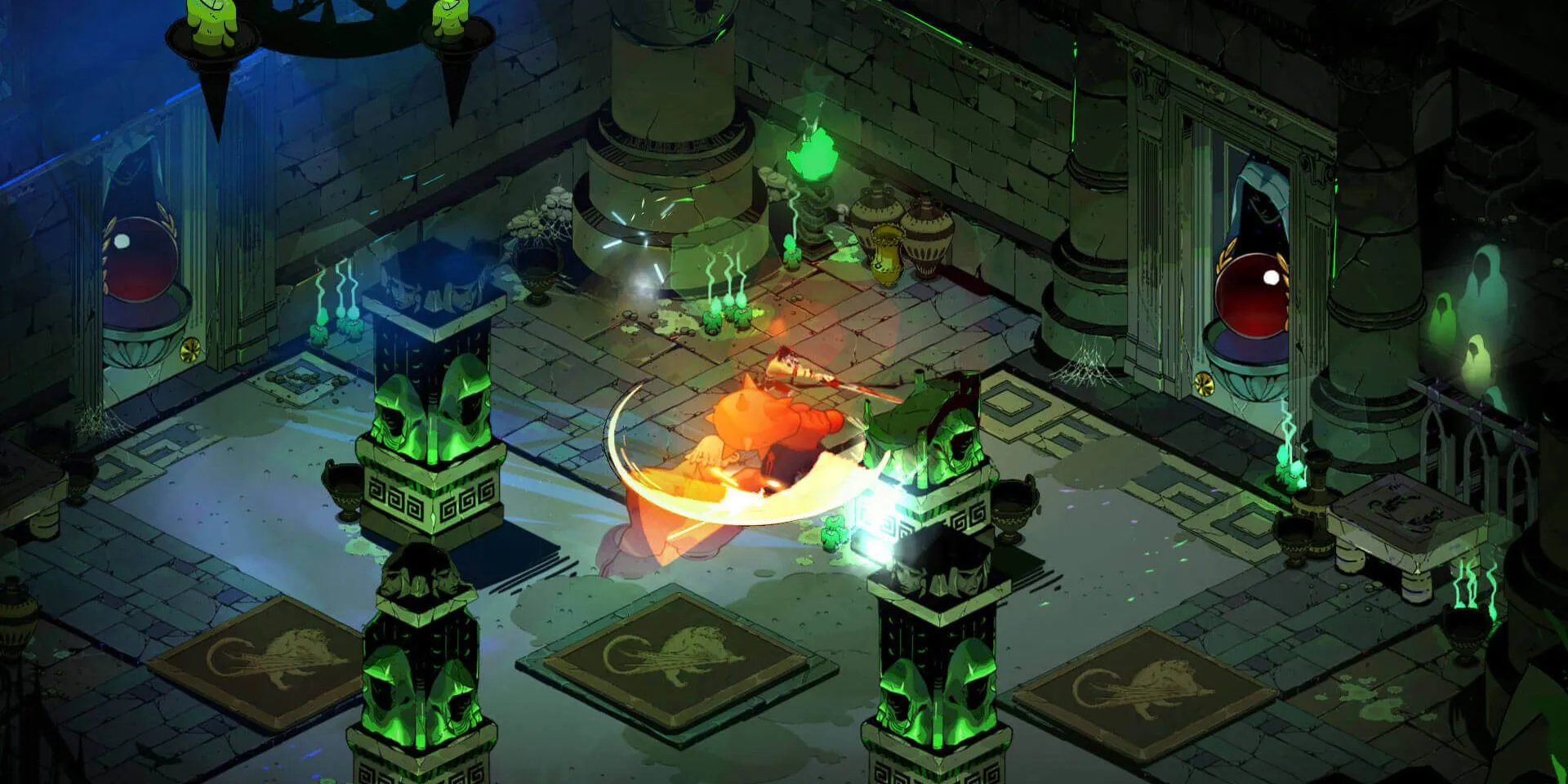 Ảnh chụp màn hình gameplay của Hades, hiển thị cơ chế chiến đấu roguelite nhanh và đồ họa vẽ tay tuyệt đẹp.