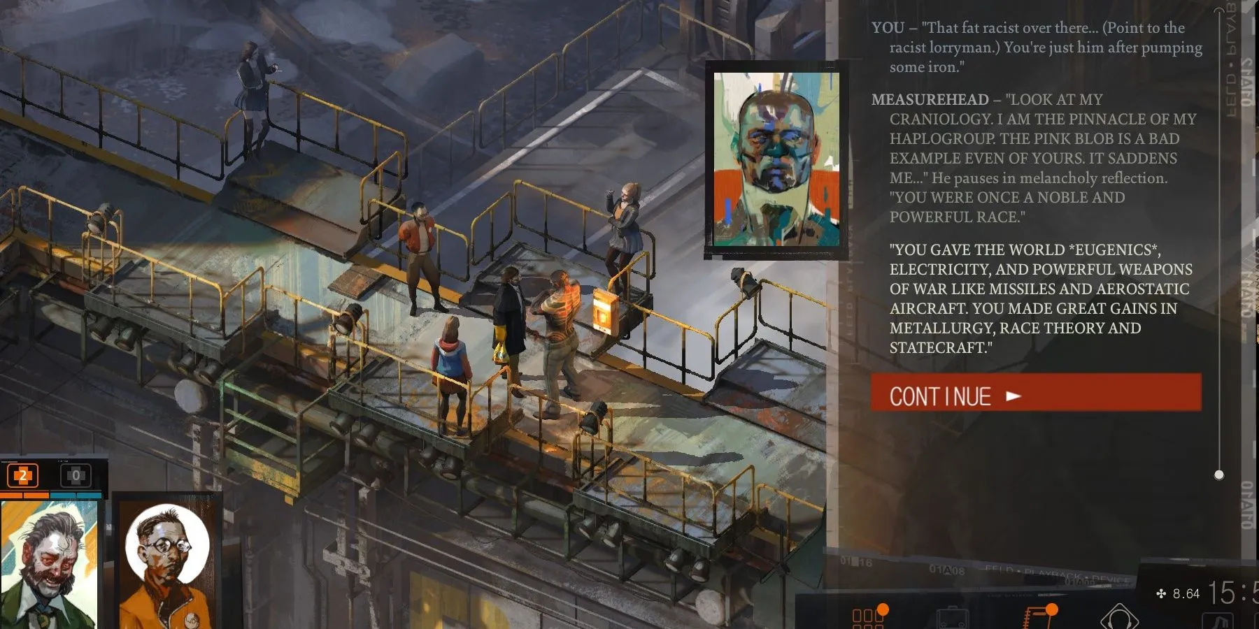 Ảnh chụp màn hình gameplay isometric của Disco Elysium, thể hiện phong cách nghệ thuật độc đáo và giao diện RPG chuyên sâu.