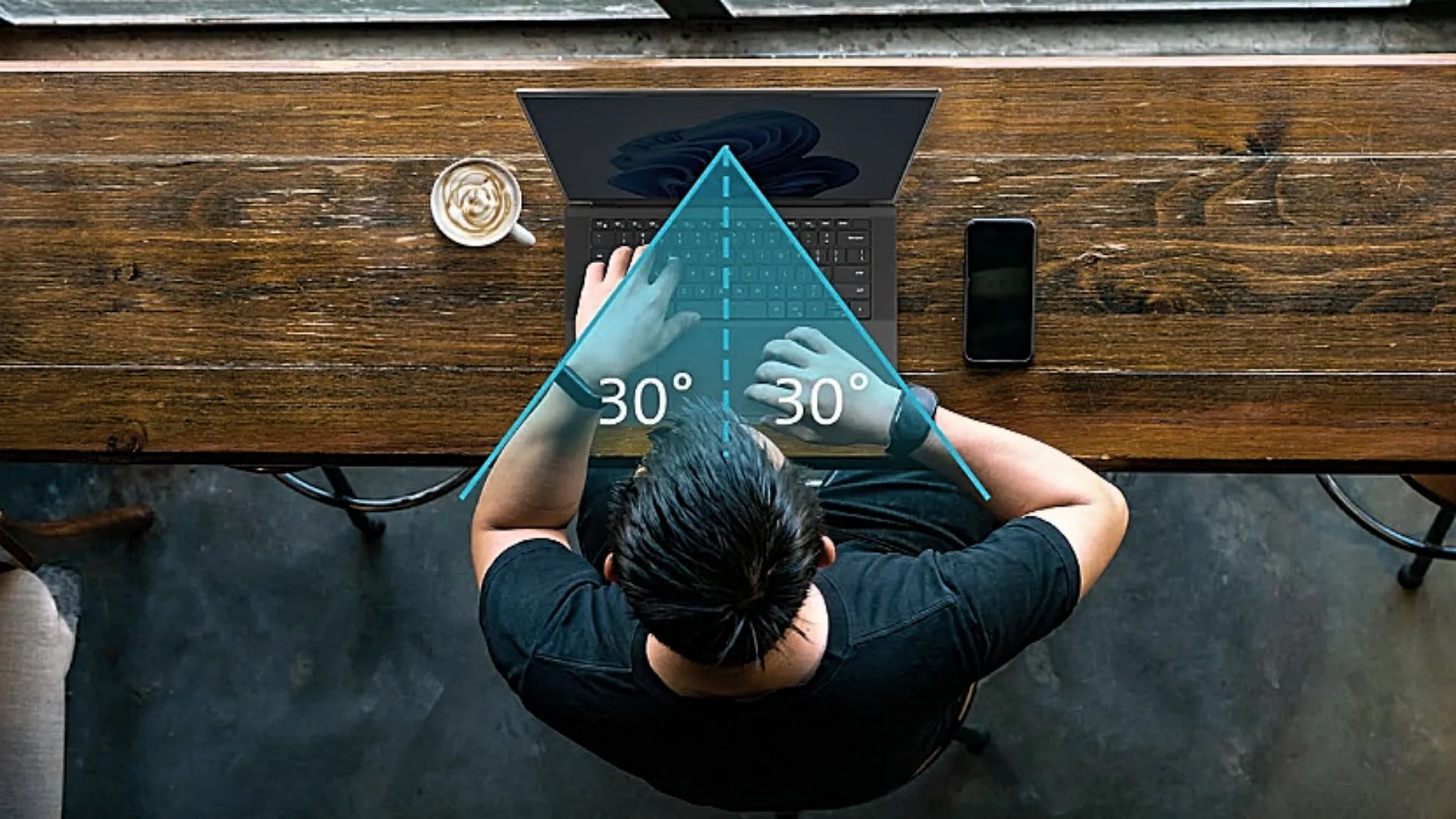 Ảnh chụp từ trên cao minh họa các góc nhìn riêng tư của Tấm chắn bảo mật từ tính Kensington MagPro.