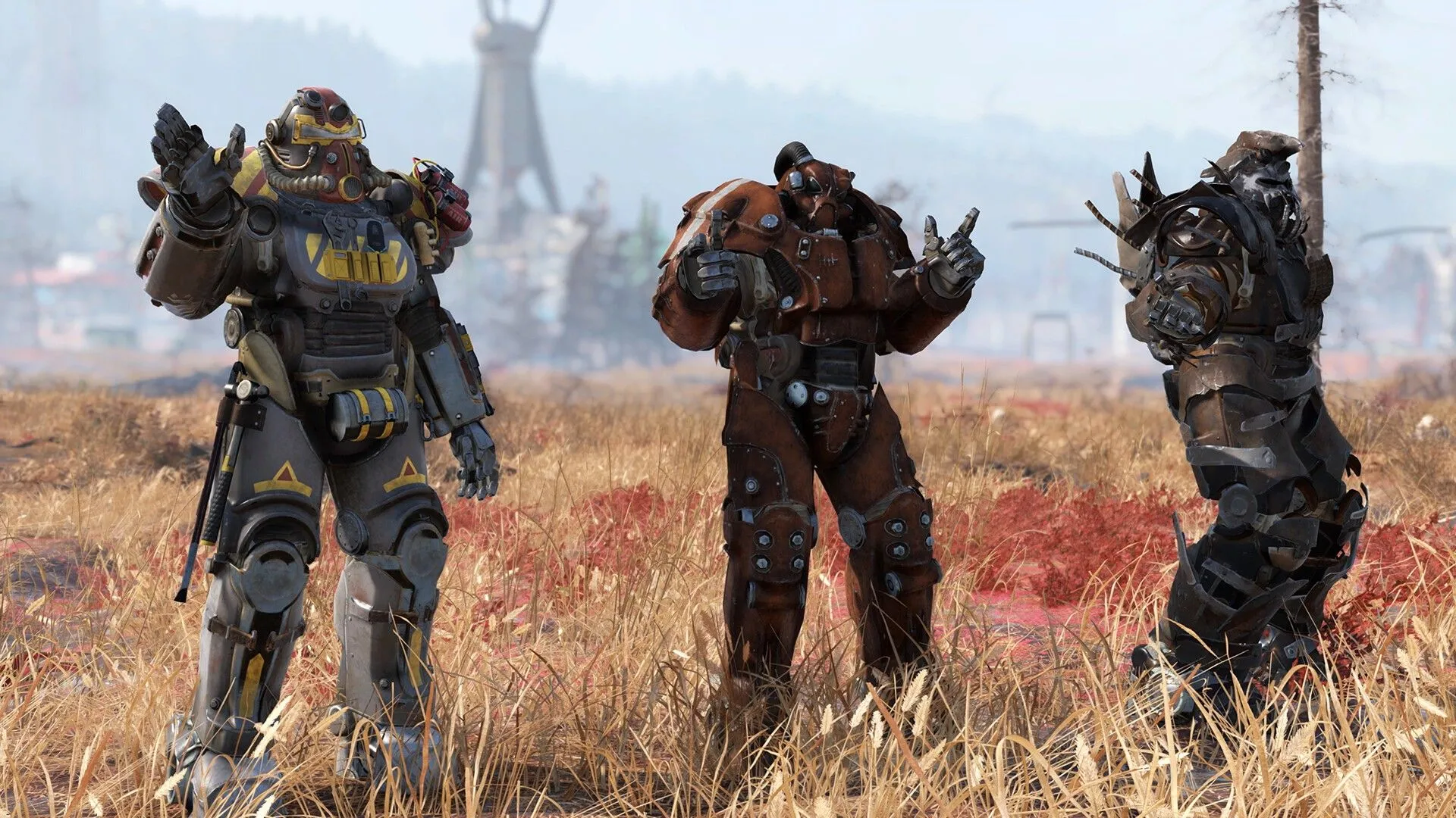 Ba người chơi trong Fallout 76 mặc bộ giáp năng lượng đầy đủ