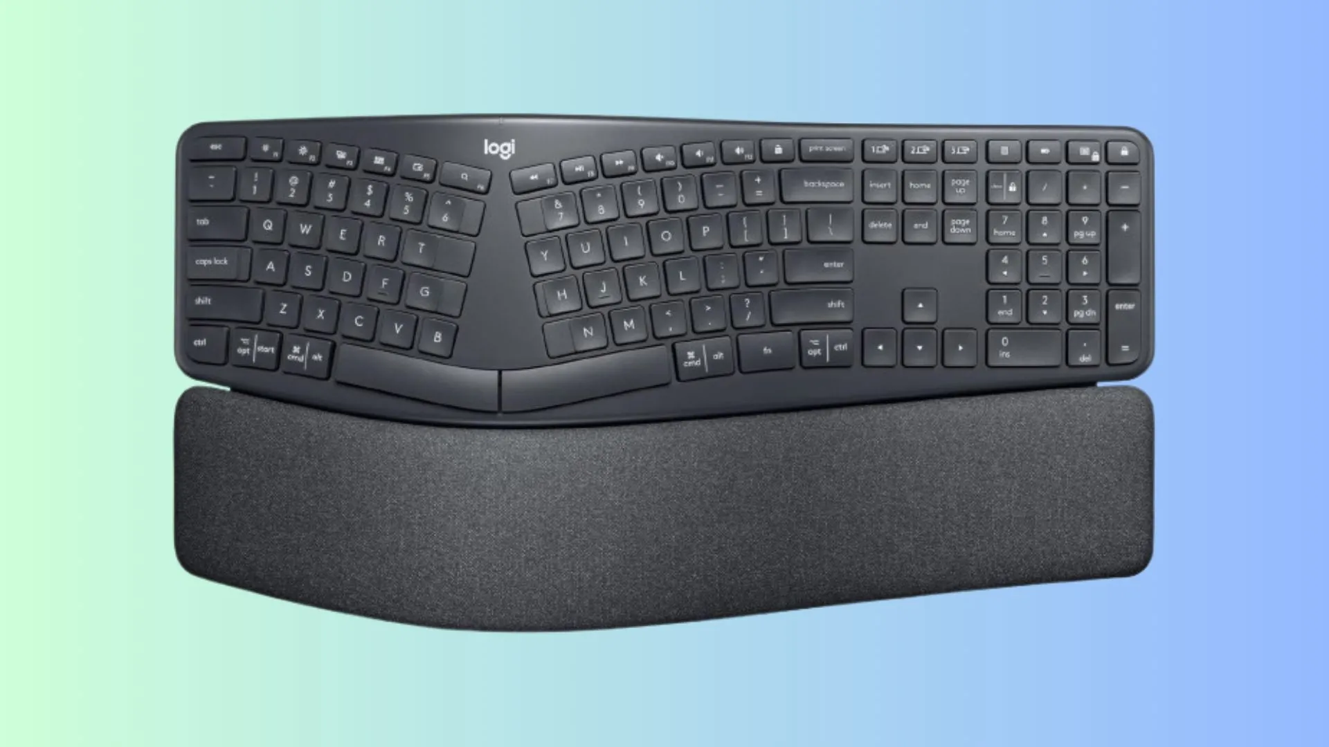 Bàn phím Logitech Ergo K860 với thiết kế công thái học và phần kê tay lớn trên nền chuyển màu.