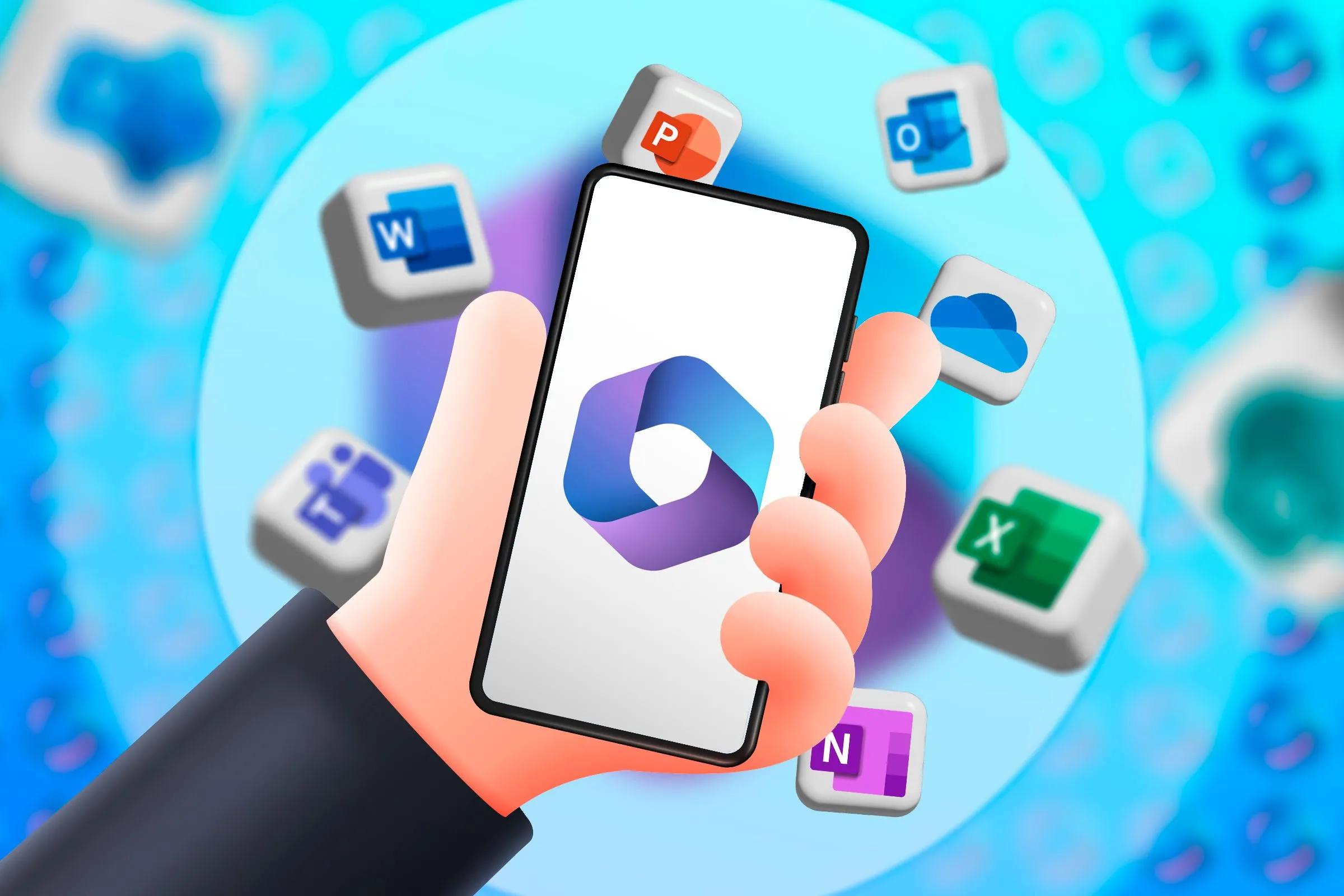 Bàn tay cầm điện thoại hiển thị logo Microsoft 365 và các biểu tượng ứng dụng Office xung quanh, minh họa sự tích hợp AI Copilot