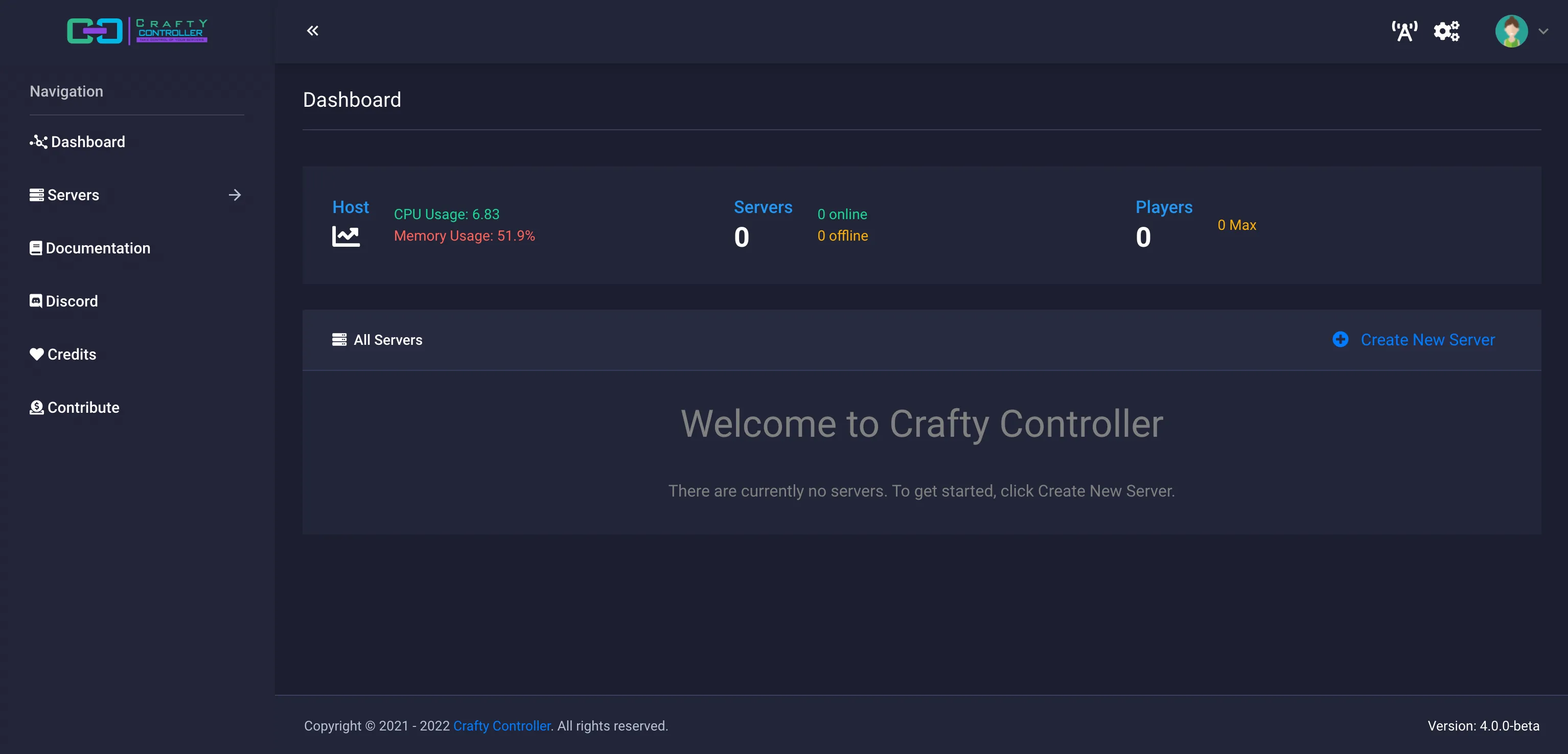 Bảng điều khiển (dashboard) của Crafty Controller 4, một công cụ quản lý máy chủ Minecraft chuyên nghiệp, hiển thị các thông số hoạt động của server.