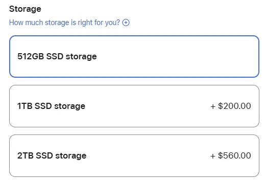 Bảng giá nâng cấp dung lượng SSD cho MacBook Pro trên website Apple