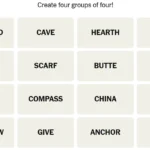 Bảng từ Connections NYT chưa giải đáp, hiển thị các từ như Anchor, Butte, Gulp, Buckle.