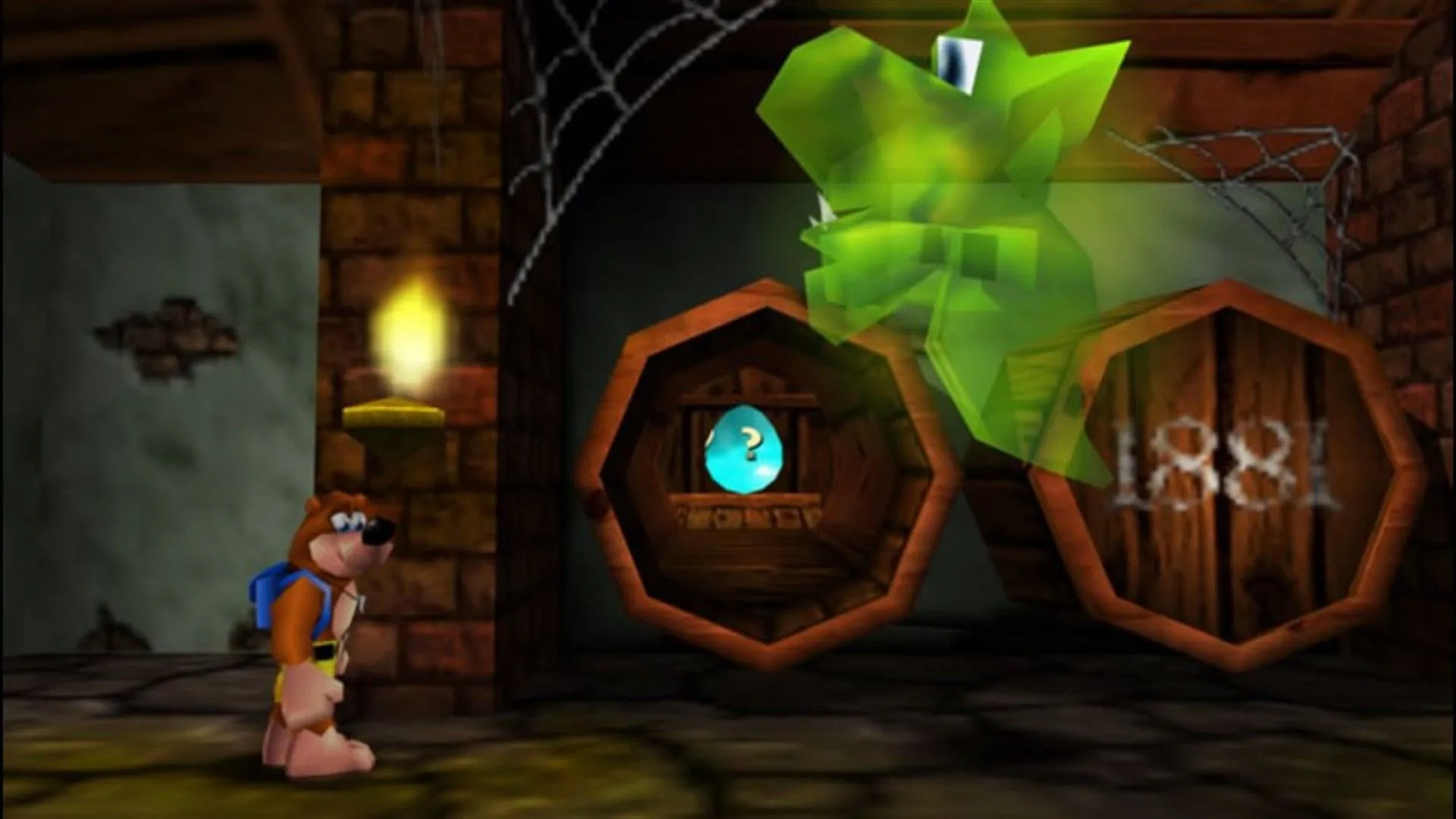 Banjo và Kazooie nhìn vào một bóng ma màu xanh lá cây