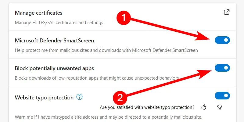 Bật Microsoft Defender SmartScreen và chặn ứng dụng không mong muốn trong cài đặt bảo mật Edge.
