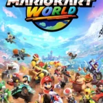 Bìa game Mario Kart World với các nhân vật quen thuộc như Mario, Luigi, Peach đua xe trong một thế giới mở đầy màu sắc