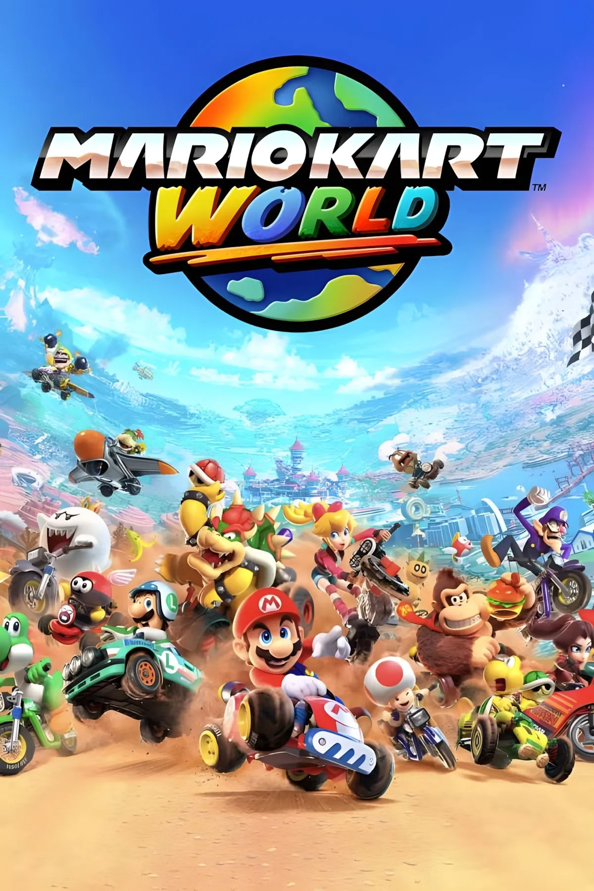 Bìa game Mario Kart World với các nhân vật quen thuộc như Mario, Luigi, Peach đua xe trong một thế giới mở đầy màu sắc