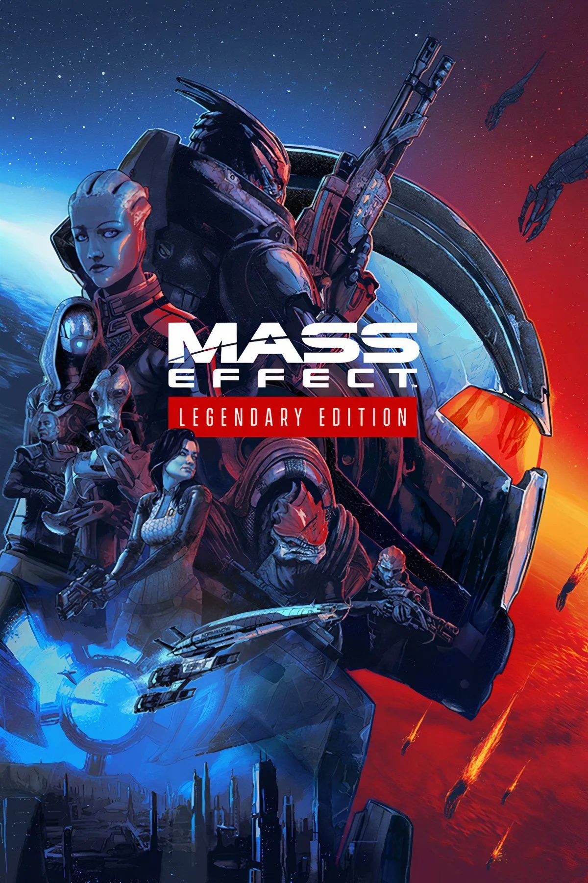 Bìa game Mass Effect Legendary Edition với Commander Shepard và các đồng đội