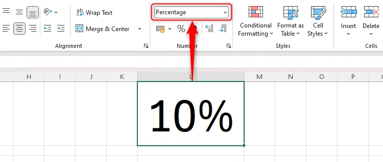 Biểu đồ Excel hiển thị ô L1 chứa giá trị phần trăm và định dạng số tương ứng trong nhóm Number trên tab Home.