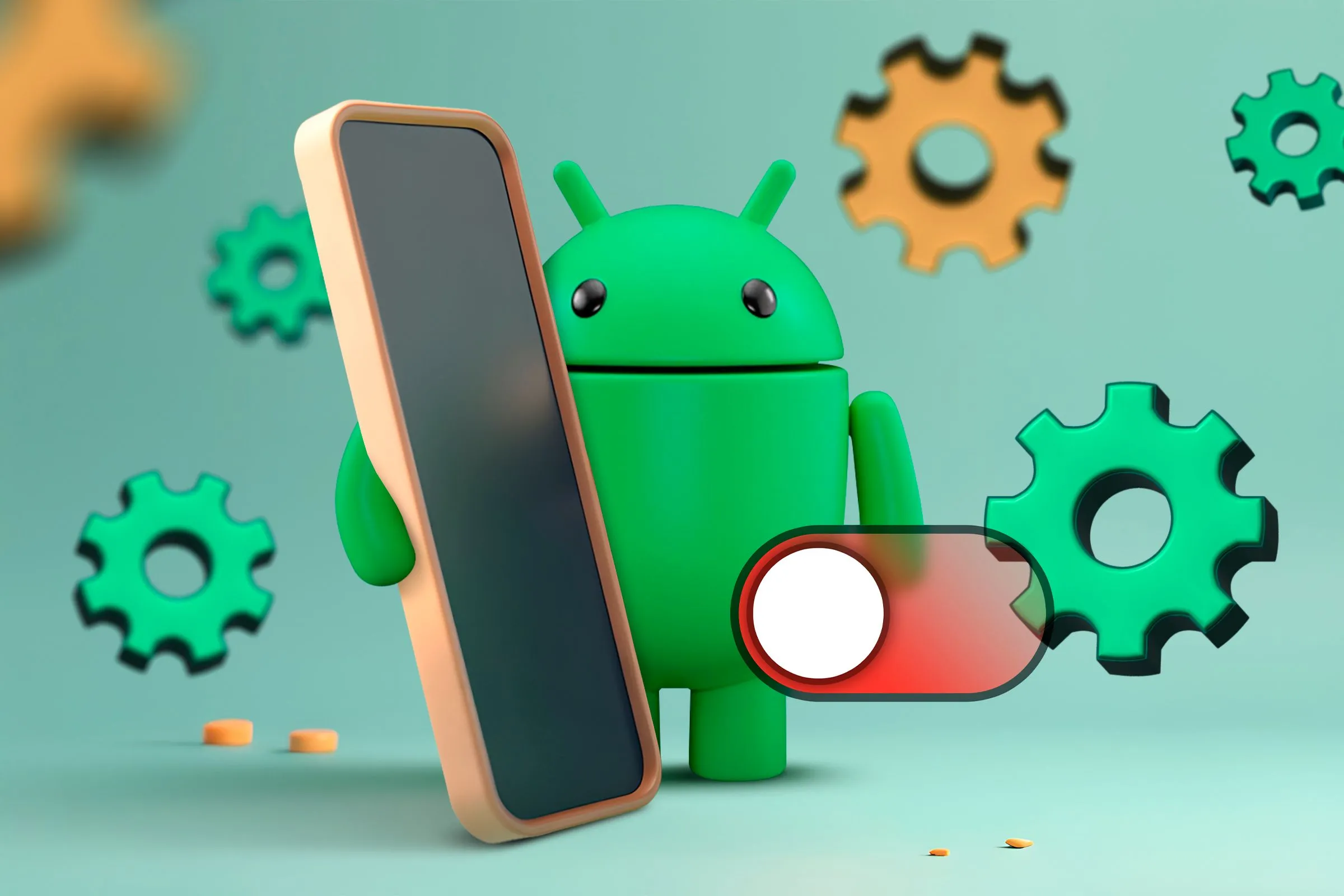 Biểu tượng Android đứng cạnh điện thoại thông minh với các icon cài đặt xung quanh, gợi ý giao diện mới giống iOS