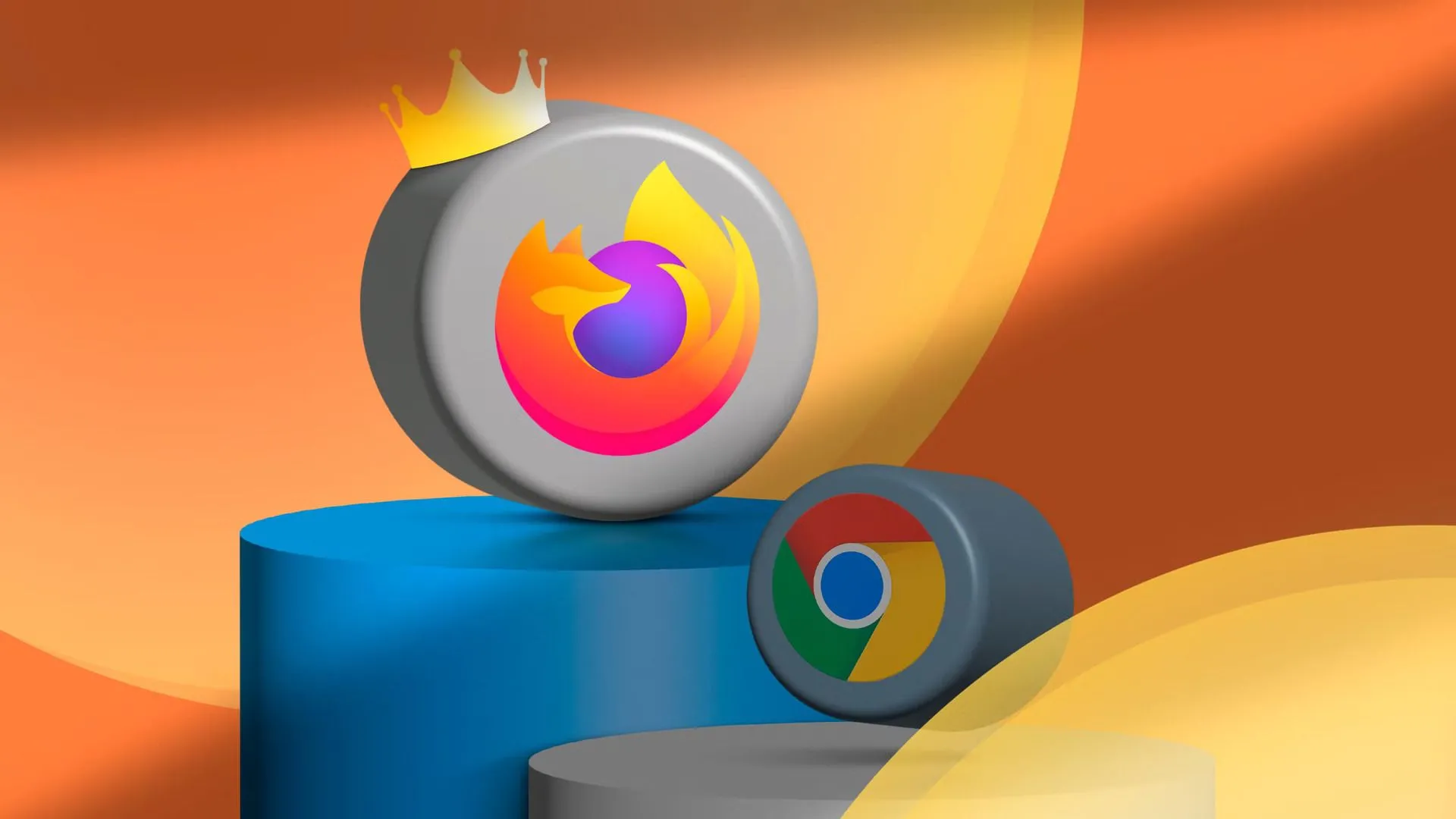 Biểu tượng Firefox và Chrome trên bục, Firefox đội vương miện tượng trưng cho sự vượt trội
