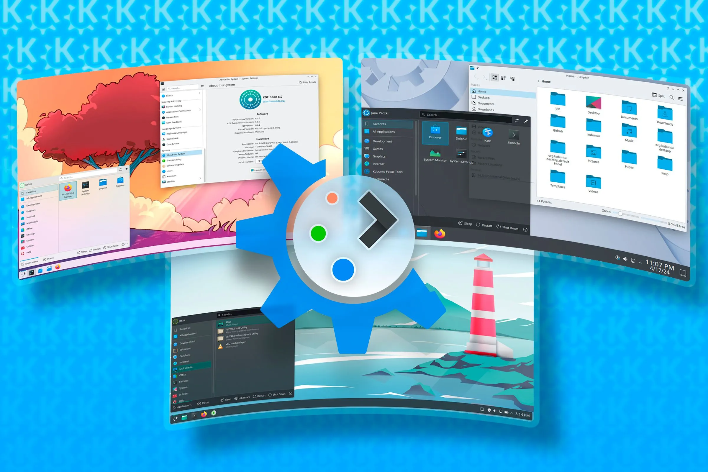 Biểu tượng KDE Plasma 6.4 đặt giữa các giao diện Linux distro khác nhau, tượng trưng cho sự đa dạng.