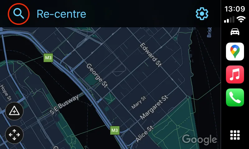 Biểu tượng kính lúp tìm kiếm trên giao diện Google Maps CarPlay