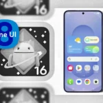 Biểu tượng One UI 8 và Android 16 trên nền điện thoại Samsung Galaxy S25