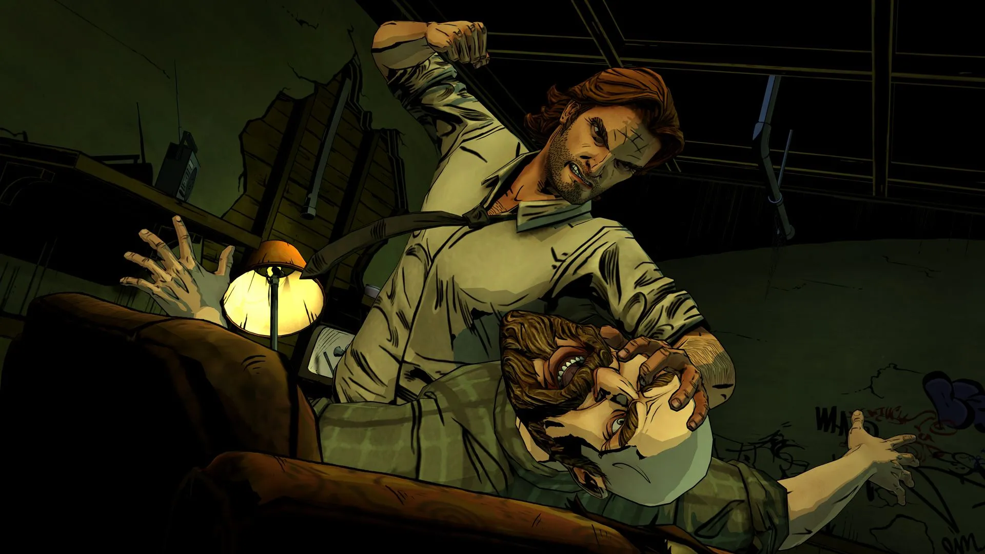 Bigby đấu với Woodsman trong The Wolf Among Us, thể hiện đồ họa cel-shaded lấy cảm hứng từ truyện tranh.