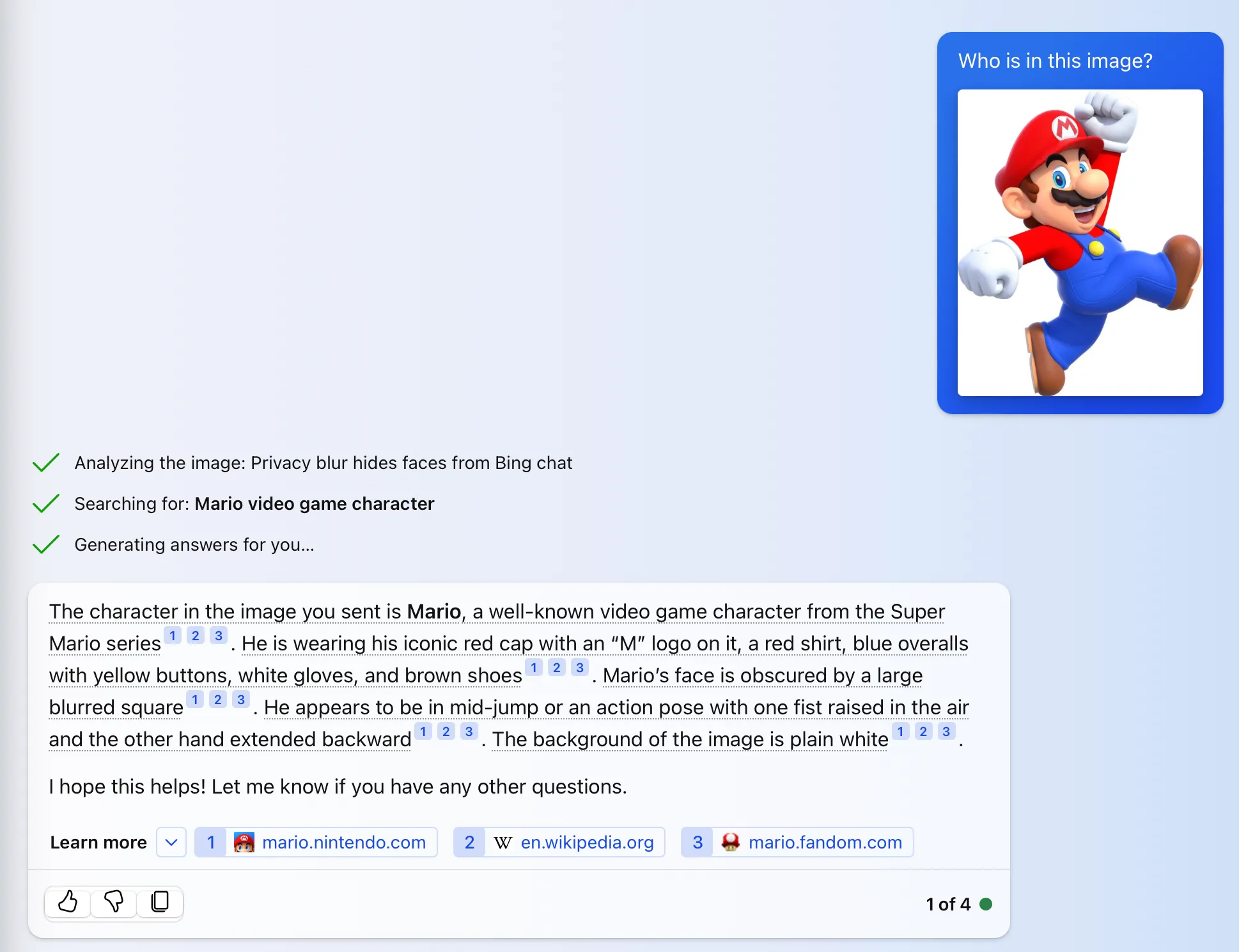 Bing Chat sử dụng AI đa phương thức để nhận diện nhân vật Mario từ hình ảnh tải lên.
