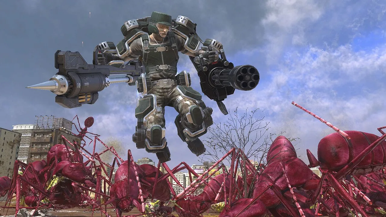 Binh sĩ chống lại đàn kiến khổng lồ trong Earth Defense Force 6, ví dụ game kusoge giải trí.