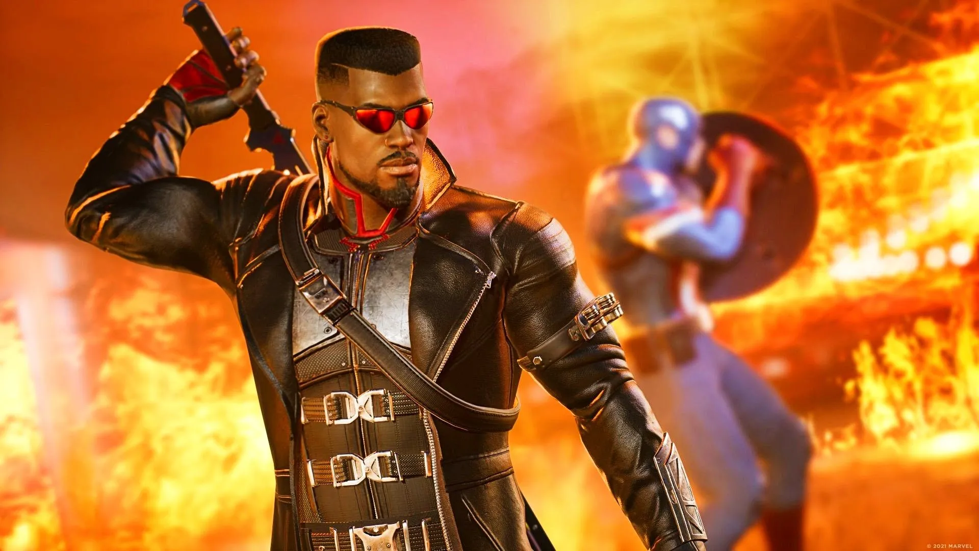 Blade và Captain America chiến đấu giữa vòng vây lửa trong Marvel's Midnight Suns, thể hiện yếu tố tương tác môi trường và sức mạnh siêu anh hùng.