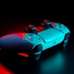 Bộ điều khiển DualSense của PS5 dưới ánh đèn neon, tượng trưng cho những buổi chơi game bị bỏ lỡ.