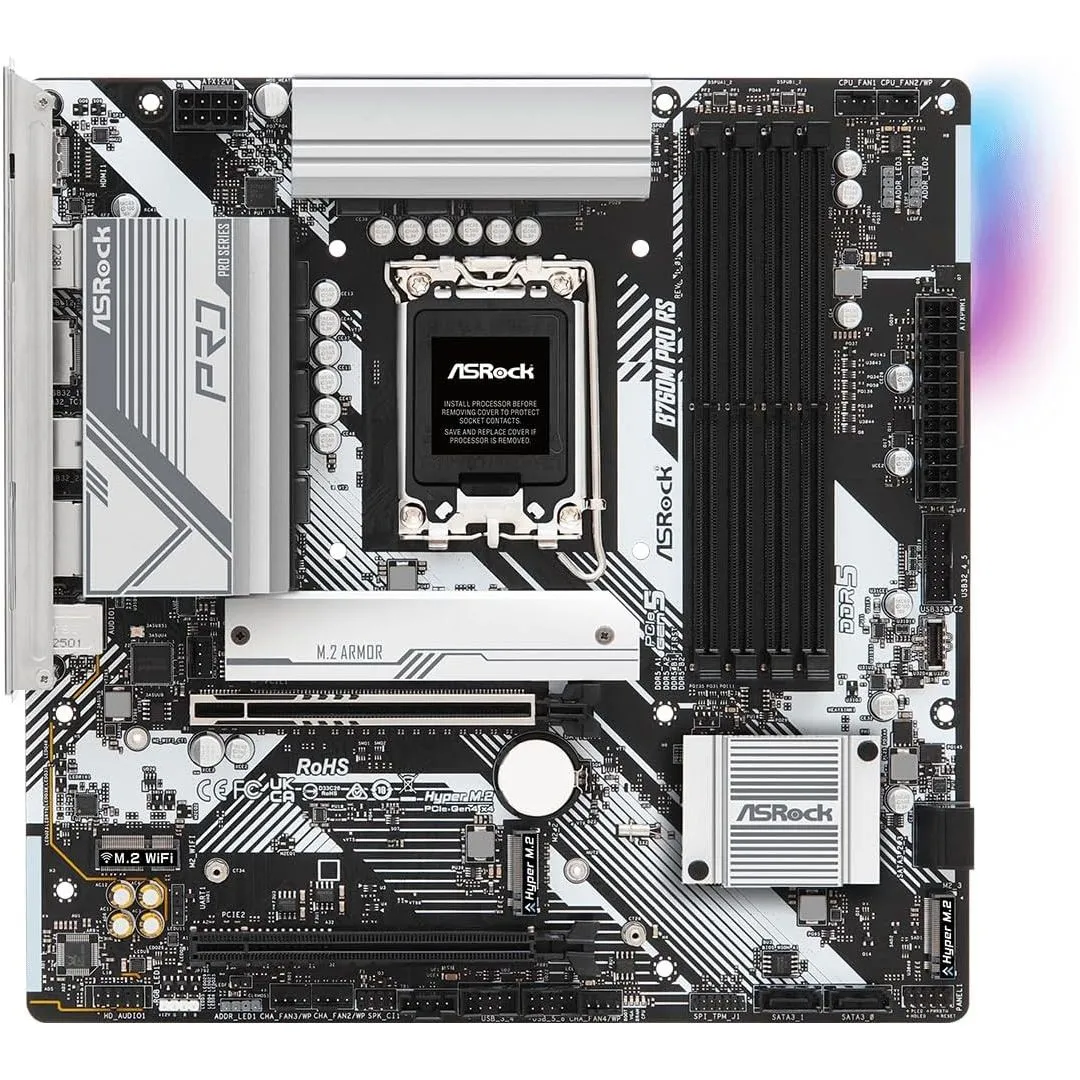 Bo mạch chủ ASRock B760M Pro RS với các cổng kết nối và khe cắm linh kiện.