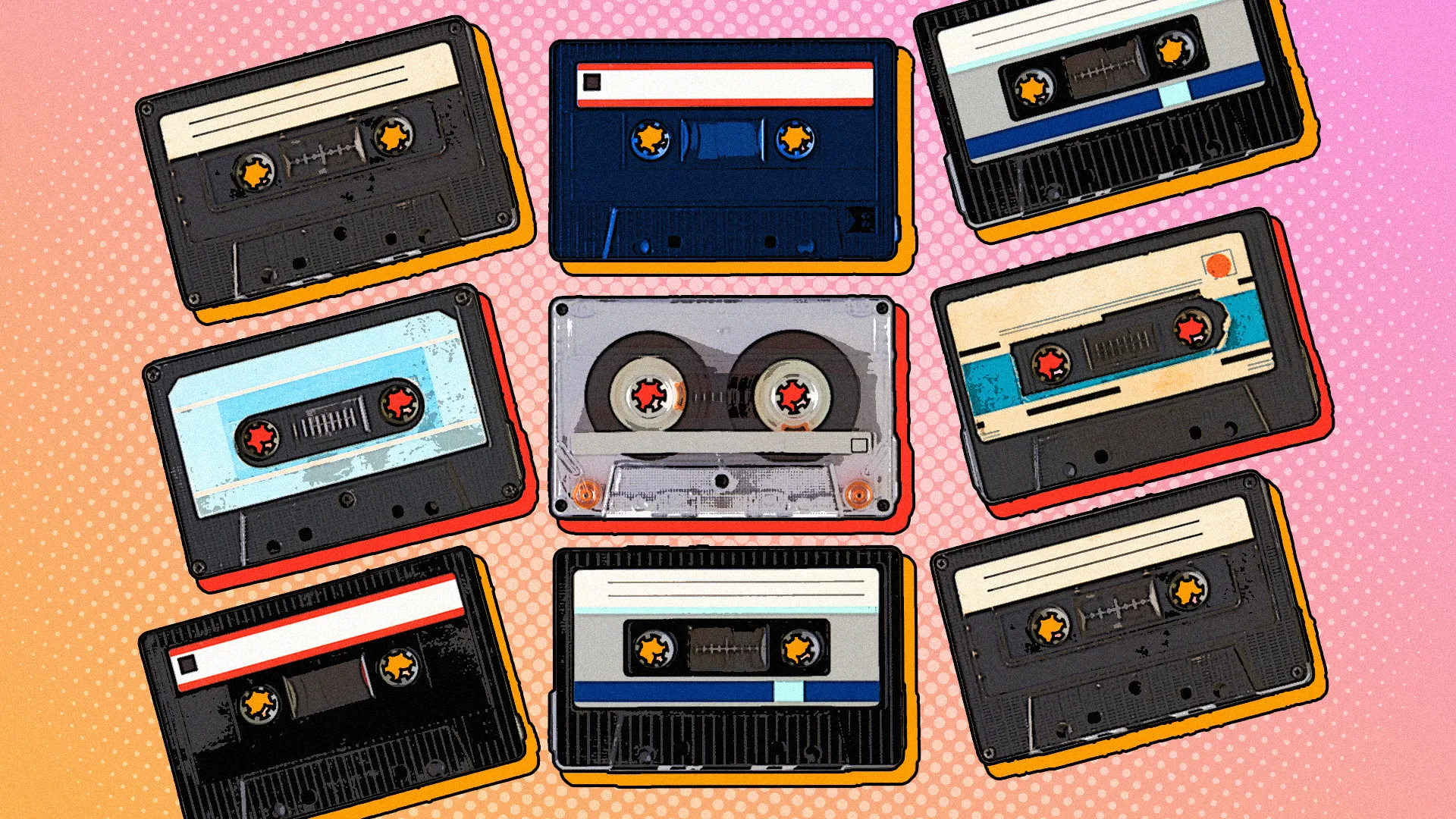 Bộ sưu tập băng cassette đặt cạnh nhau, biểu tượng của kỷ nguyên âm nhạc analog