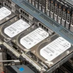 Bốn ổ cứng HDD gắn trong máy chủ rack-mount đang hoạt động