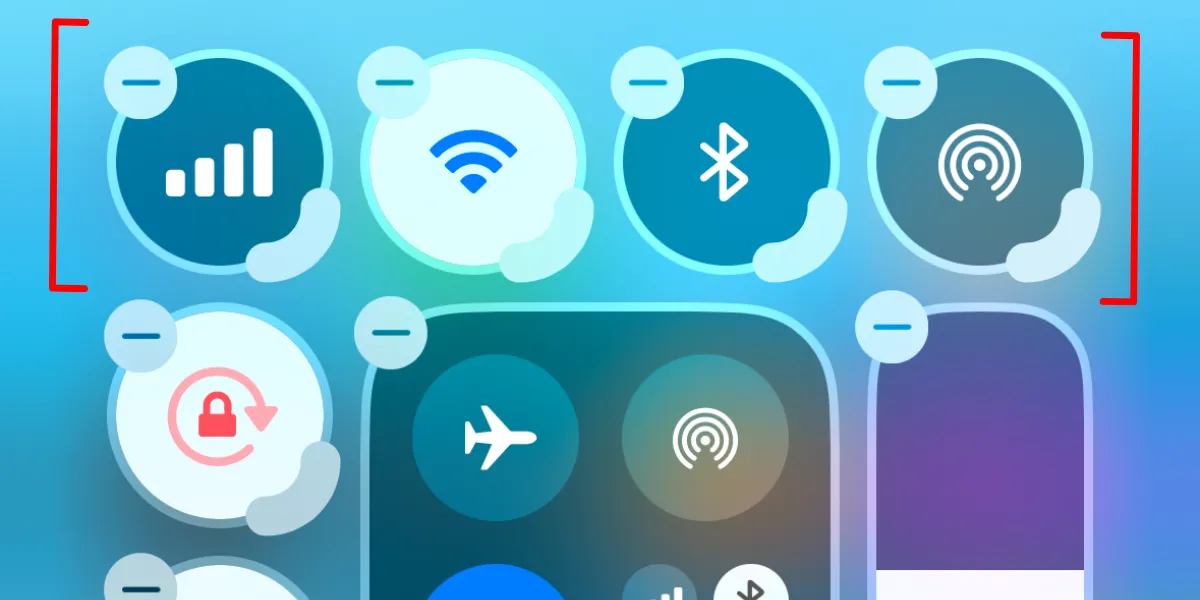 Bốn tùy chọn kết nối chính (Dữ liệu di động, Wi-Fi, Bluetooth, Chế độ máy bay) được sắp xếp ở đầu Trung tâm điều khiển iOS 18