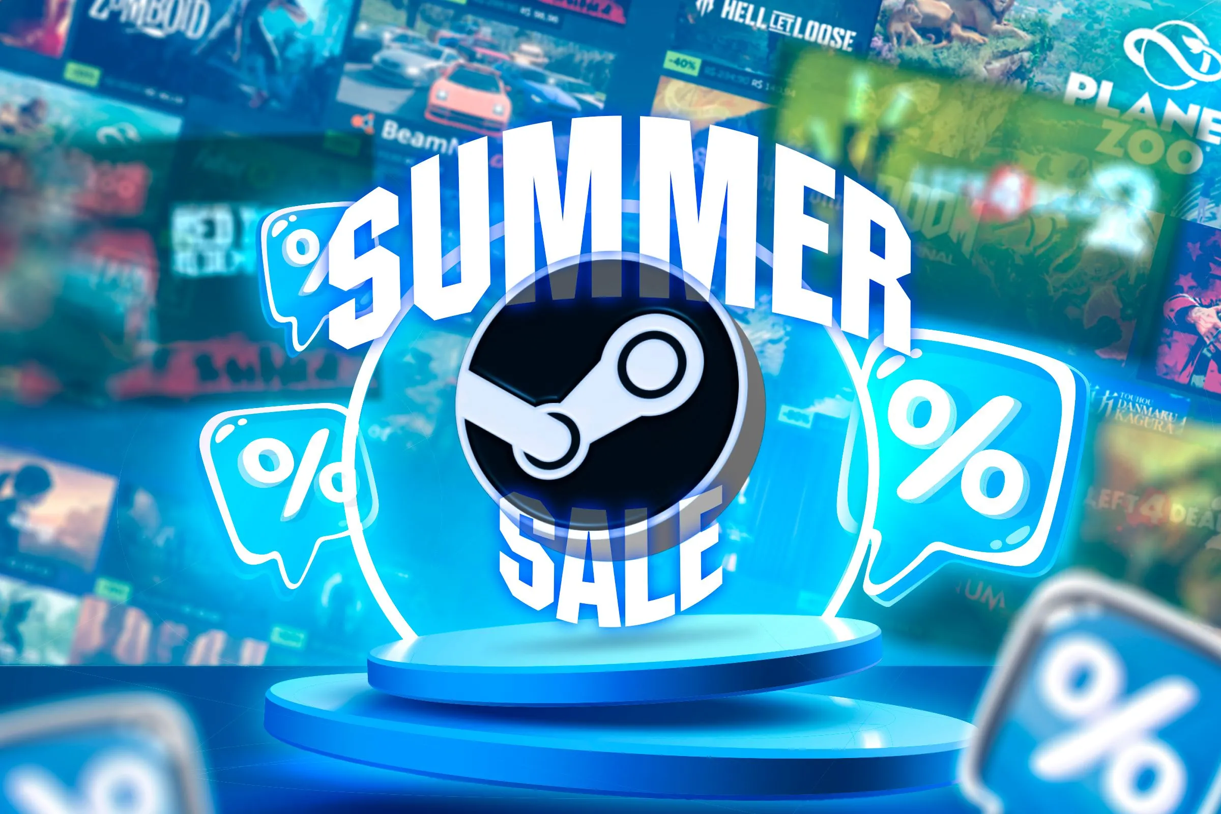 Bục vinh quang với logo Steam, bao quanh bởi các biểu tượng giảm giá và trò chơi đang giảm giá, minh họa sức hấp dẫn của các đợt sale game PC.