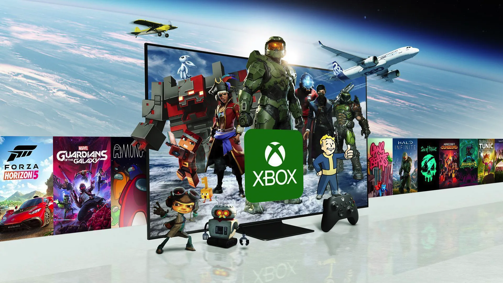 Các biểu tượng game Xbox như Master Chief trên màn hình Smart TV Samsung, thể hiện Game Pass tiếp cận đa nền tảng.
