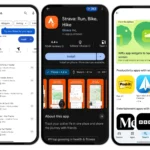 Các màn hình điện thoại minh họa tính năng tìm kiếm và khám phá ứng dụng có widget trên Google Play Store