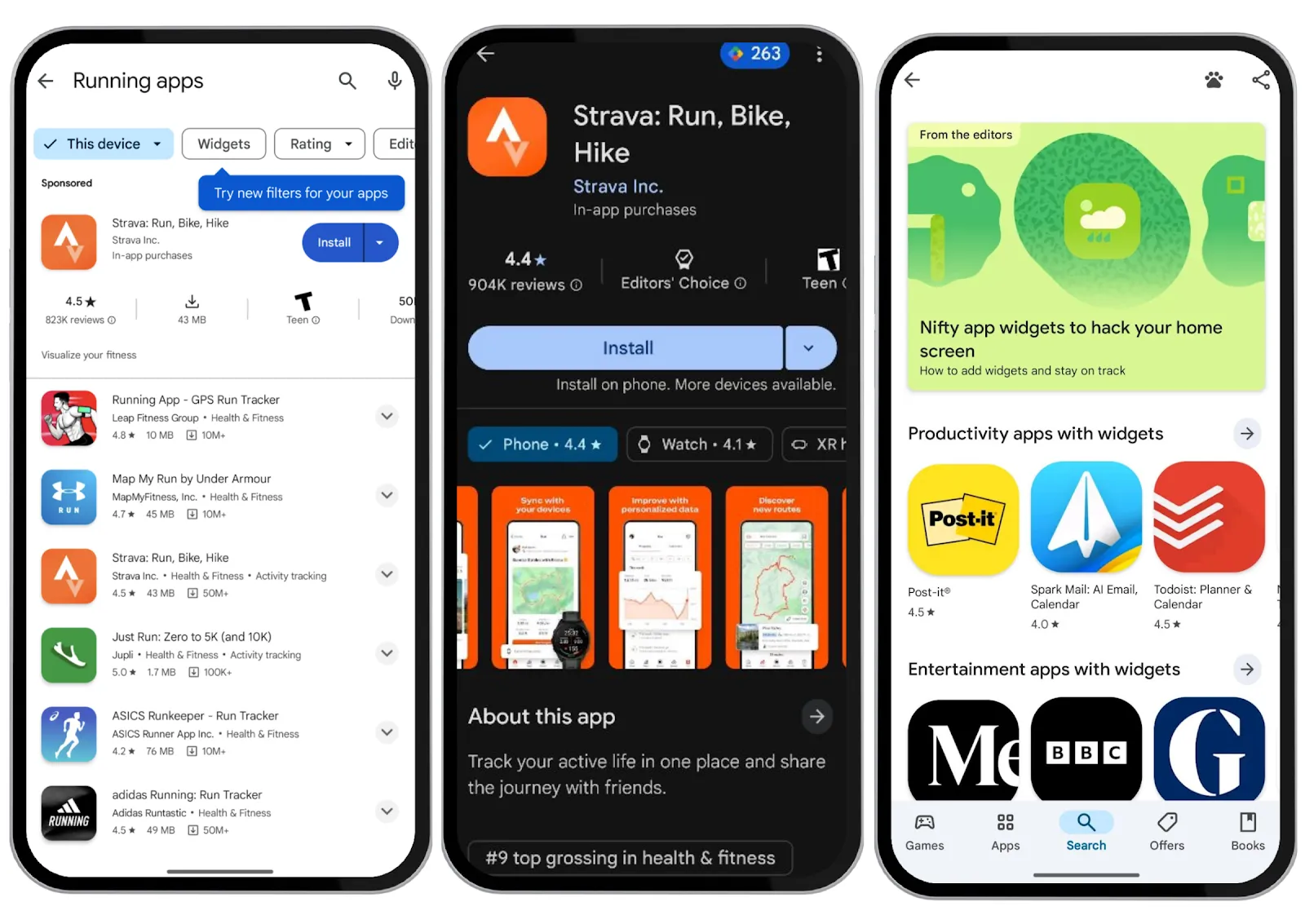 Các màn hình điện thoại minh họa tính năng tìm kiếm và khám phá ứng dụng có widget trên Google Play Store