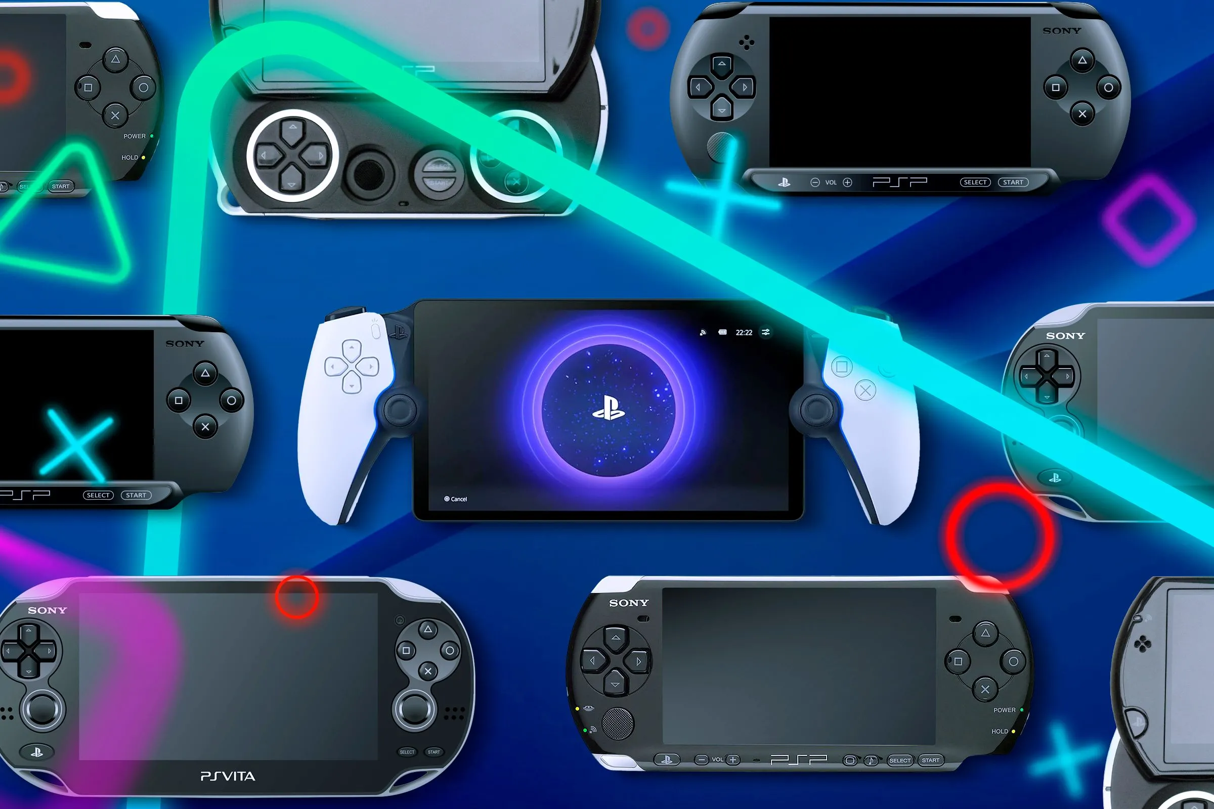 Các máy chơi game cầm tay của Sony được trưng bày cạnh nhau, gợi mở về tiềm năng và sự trở lại của Sony trong thị trường handheld.