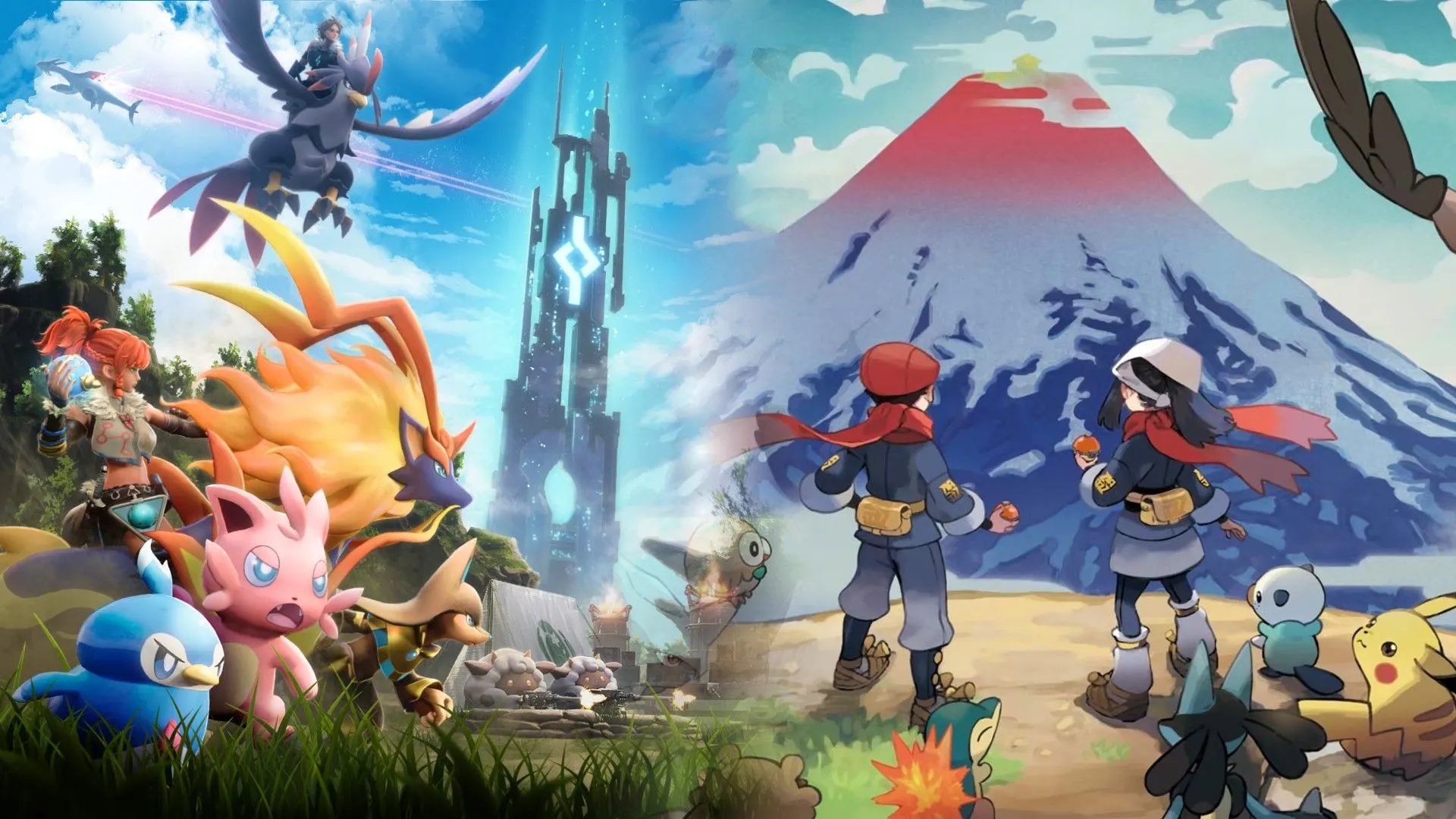 Các nhân vật Palworld đứng cạnh huấn luyện viên Pokemon Arceus, minh họa tranh cãi về sở hữu trí tuệ giữa Nintendo và Pocketpair.