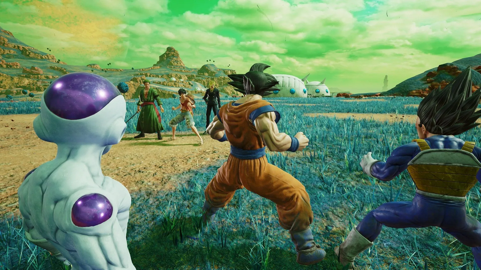 Các nhân vật từ Jump Force, minh họa việc thiếu cel-shading có thể khiến đồ họa trông cứng nhắc.