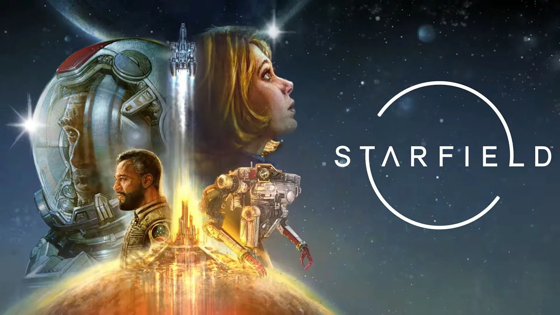 Các nhân vật từ Starfield gần một con tàu đang cất cánh gần một hành tinh