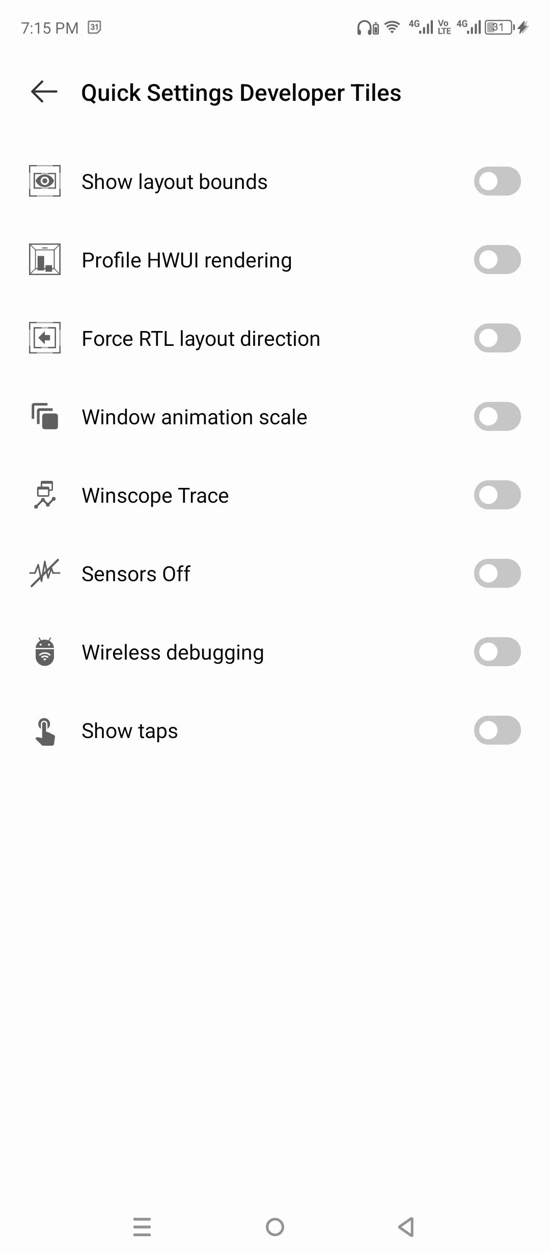 Các ô cài đặt nhanh tùy chỉnh trong Tùy chọn nhà phát triển Android.