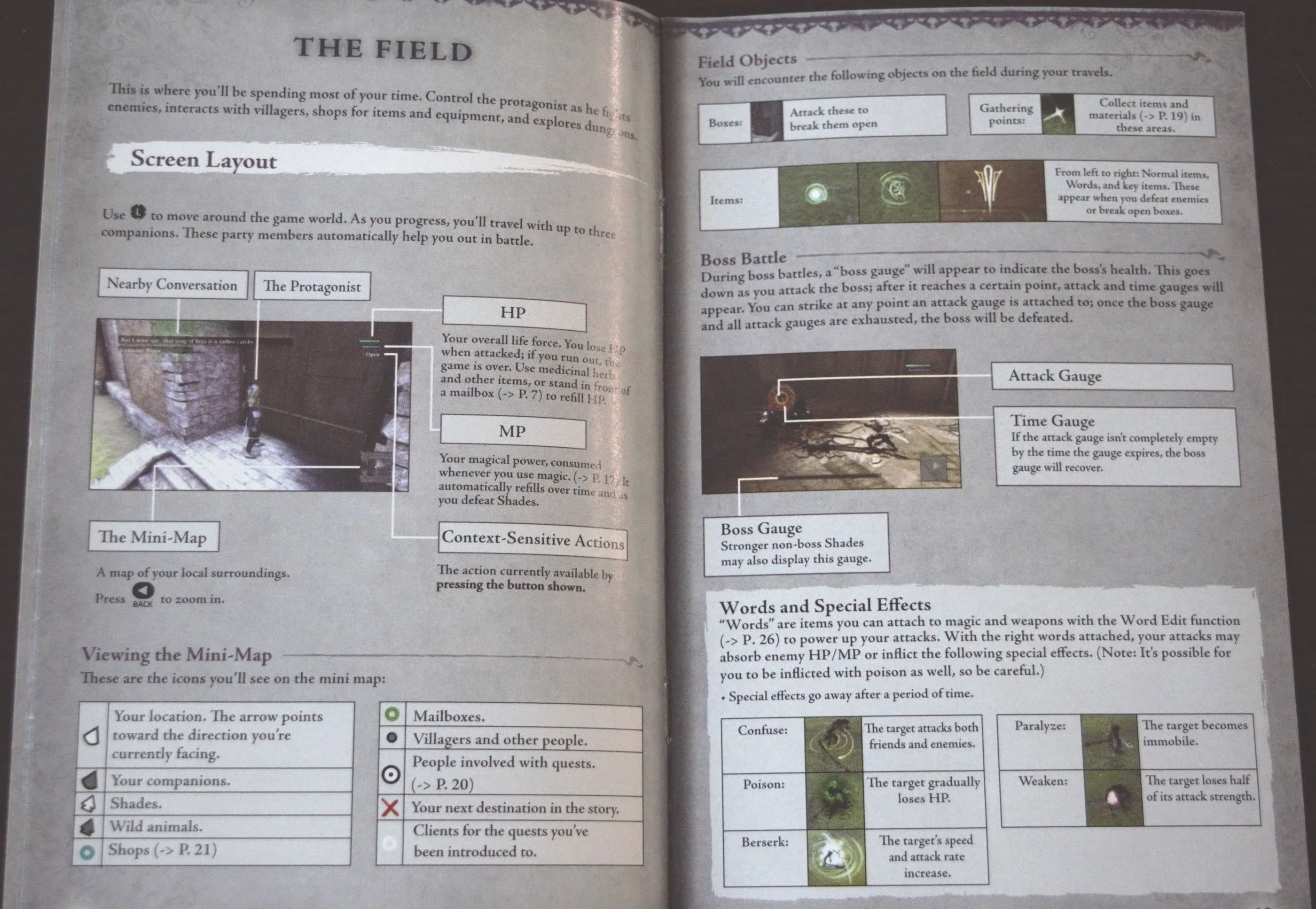 Các trang từ sách hướng dẫn game Nier, minh họa thiết kế tối giản của manual game hiện đại