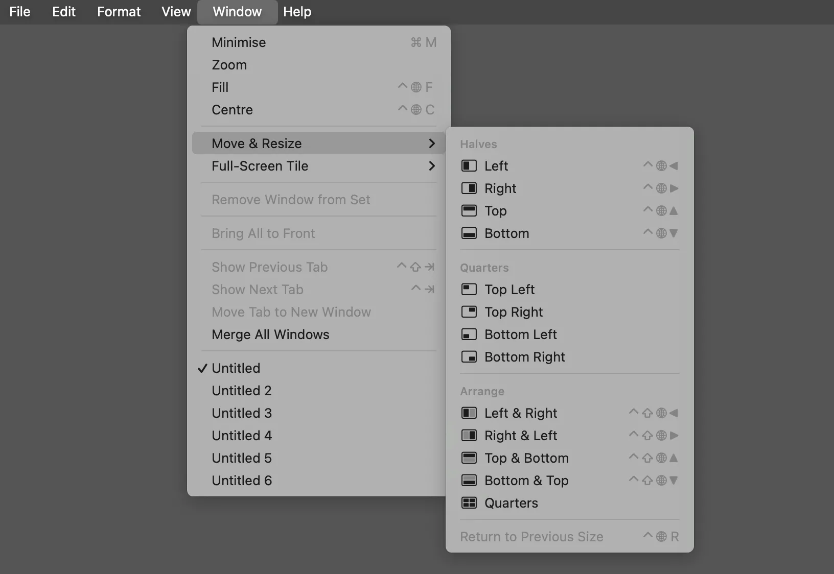 Các tùy chọn chia màn hình mặc định trong macOS Sequoia, hiển thị menu kéo cửa sổ sang trái hoặc phải