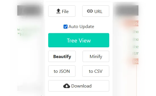 Các tùy chọn chức năng của công cụ chỉnh sửa XML trực tuyến CodeBeautify.org bao gồm File, URL, Tree View, Beautify, Minify, to JSON, to CSV, Download.