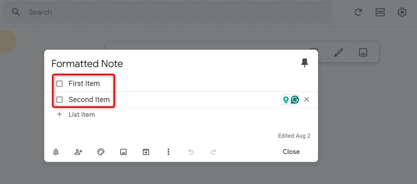 Các tùy chọn định dạng văn bản và thêm mục trong ghi chú Google Keep