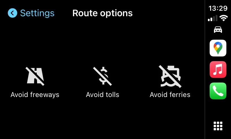 Các tùy chọn lộ trình như tránh đường cao tốc, đường thu phí trên Google Maps CarPlay