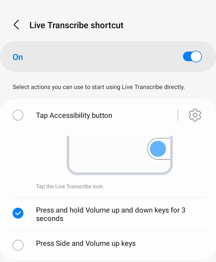 Các tùy chọn phím tắt để kích hoạt nhanh Live Transcribe trên thiết bị Samsung Galaxy