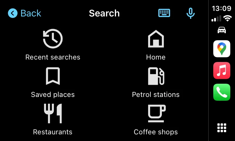 Các tùy chọn tìm kiếm địa điểm trên Google Maps qua Apple CarPlay