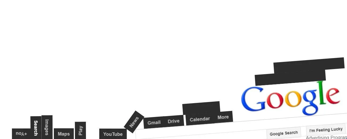 Các yếu tố của trang Google rơi xuống do hiệu ứng trọng lực trong Google Gravity của Elgoog.im